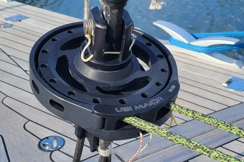Nehalennia Yacht Photos Pics Close-up of a Ubi Maior FR150 winch on a 2018 Nautor Swan 54 yacht deck.