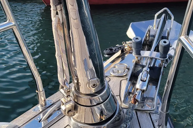 Nehalennia Yacht Photos Pics Deck of 2018 Nautor Swan 54 yacht with polished metal fittings and ropes.