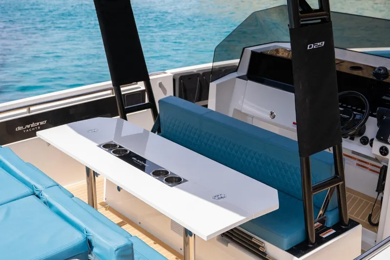  Yacht Photos Pics 2026 De Antonio Yachts D29 interior with sleek seating and modern design.