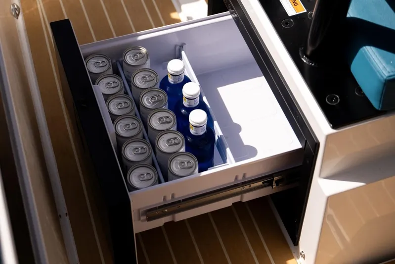 Yacht Photos Pics Drawer fridge on 2026 De Antonio Yachts D29, stocked with cans and bottles.