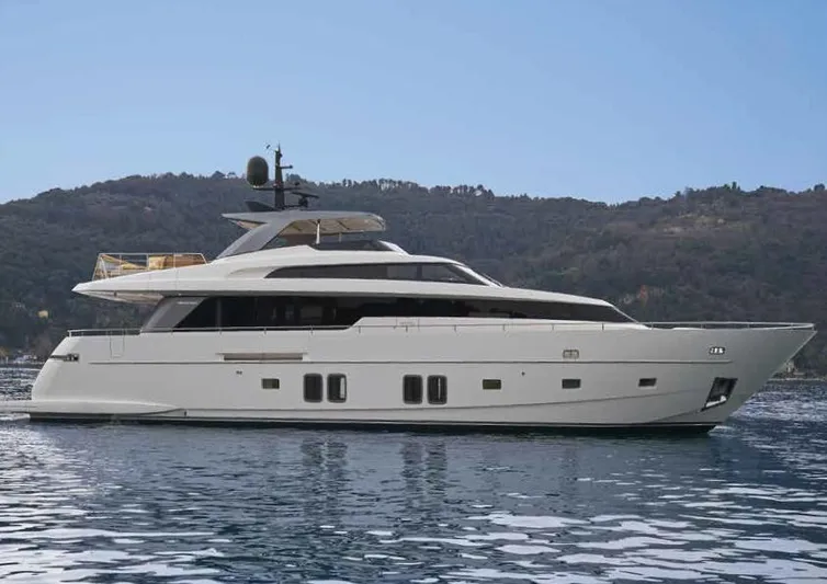  Yacht Photos Pics Sanlorenzo SL96 2016 yacht on calm water with scenic mountain backdrop.