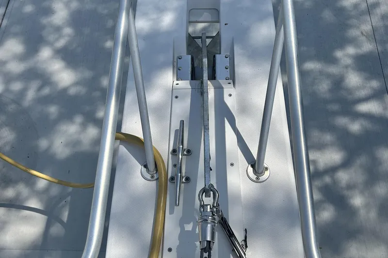 Knot Done Yet Yacht Photos Pics Deck of 2002 Mainship 430 Trawler with anchor and railing details.