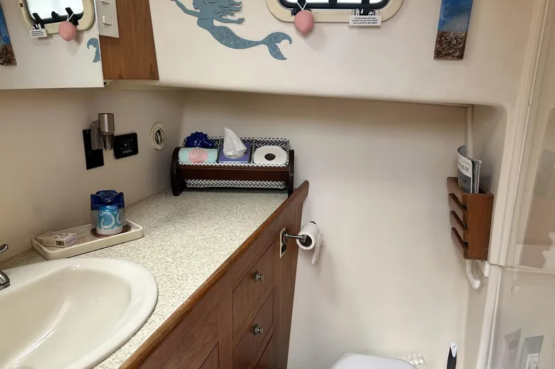 Knot Done Yet Yacht Photos Pics Bathroom interior of 2002 Mainship 430 Trawler with sink, storage, and nautical decor.