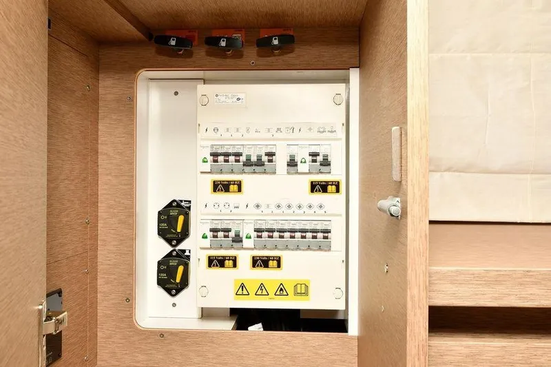  Yacht Photos Pics Electrical panel inside a 2019 Prestige 460 yacht, featuring circuit breakers and safety switches.