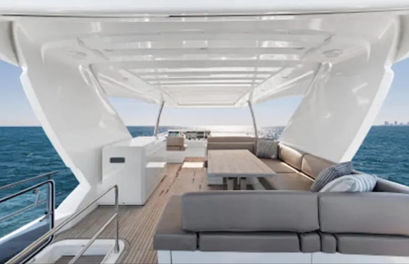 The Good Life Yacht Photos Pics Prestige 75 yacht 2015 model, spacious deck with seating and ocean view.