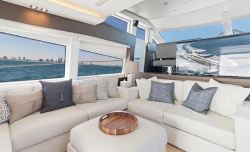 The Good Life Yacht Photos Pics Luxurious interior of 2015 Prestige 75 yacht with ocean view and comfortable seating.