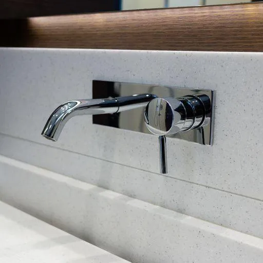 The Good Life Yacht Photos Pics Modern chrome wall-mounted faucet on a white countertop, Prestige 75, 2015 model.