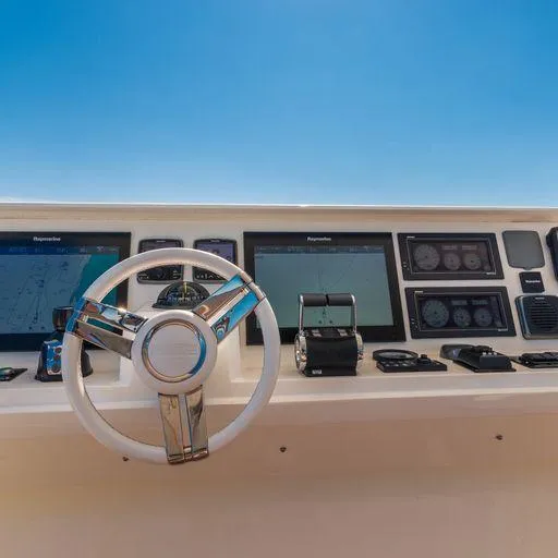 The Good Life Yacht Photos Pics Prestige 75 yacht helm with navigation screens and controls, 2015 model.