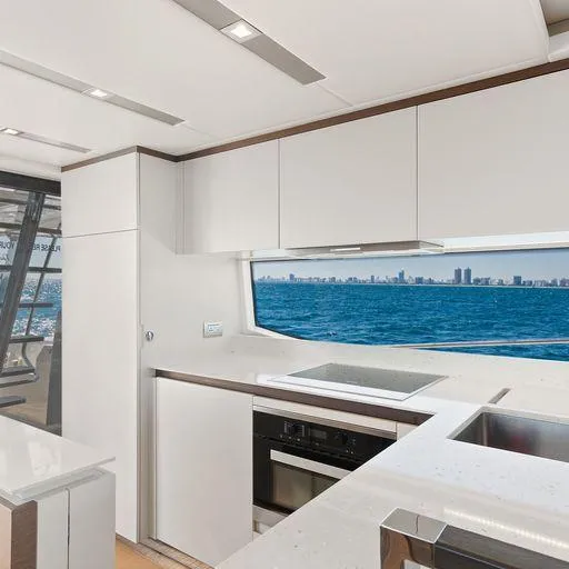 The Good Life Yacht Photos Pics Modern kitchen interior on a 2015 Prestige 75 yacht with ocean view.