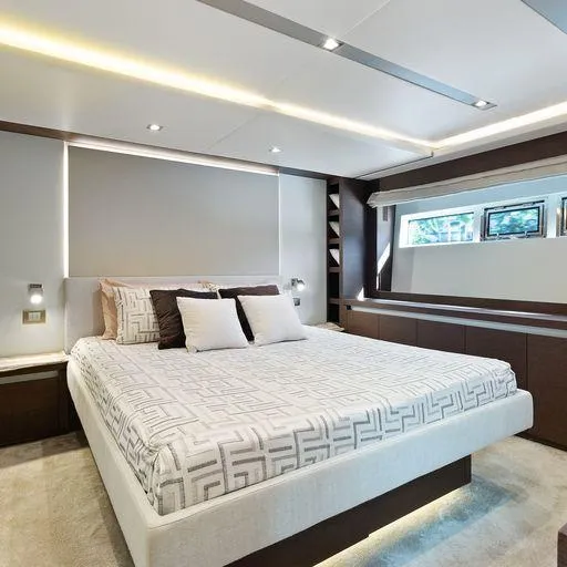 The Good Life Yacht Photos Pics Luxurious bedroom interior on a 2015 Prestige 75 yacht.