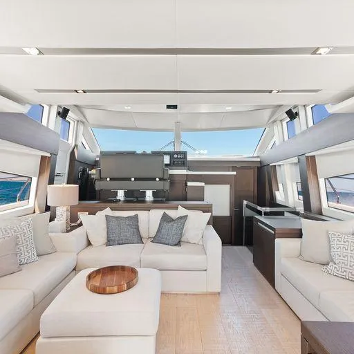 The Good Life Yacht Photos Pics Luxurious interior of 2015 Prestige 75 yacht with modern furnishings and ocean view.