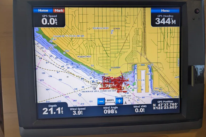 Alki Yacht Photos Pics Garmin GPS display on 2013 Coastal Craft 45, showing nautical map and navigation data.