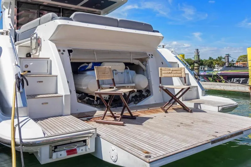 Encore Yacht Photos Pics 2015 Azimut 55S yacht stern with chairs on deck, docked in sunny marina.