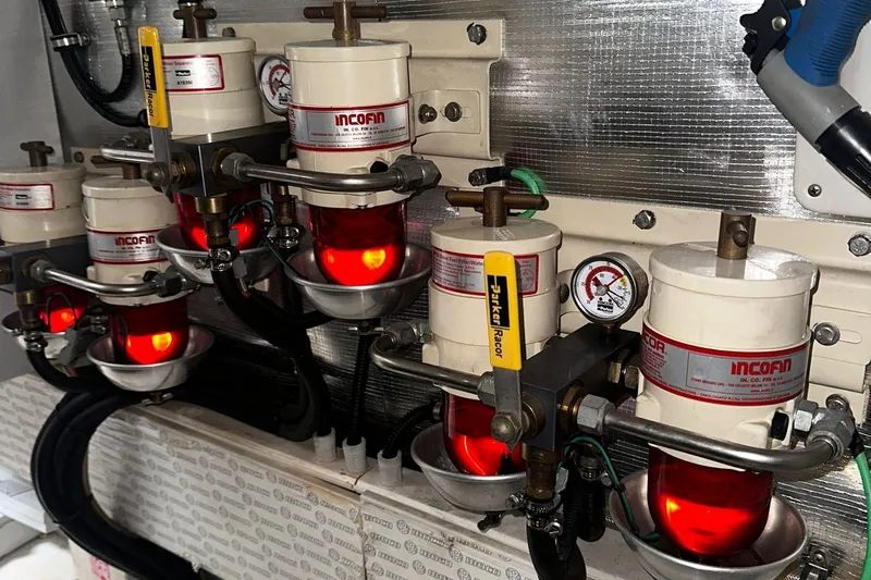Encore Yacht Photos Pics Engine room of 2015 Azimut 55S yacht with fuel filters and gauges.