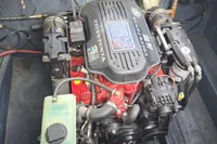 Volvo Penta 5.7 GXI engine in 2007 Cranchi CSL 27 boat, detailed view.