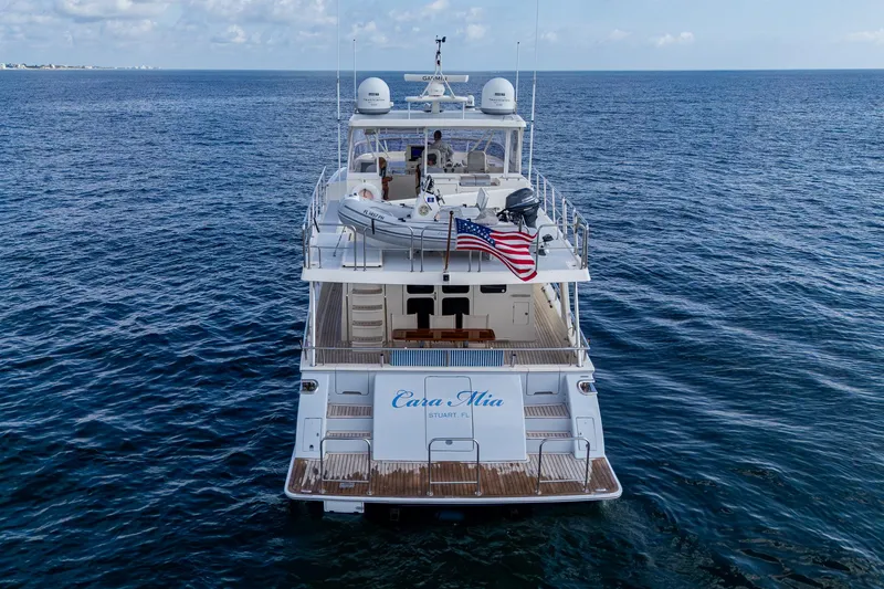 Cara Mia Yacht Photos Pics Marlow 53E Explorer yacht on open sea, rear view, 2021 model.