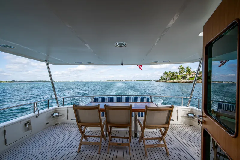 Cara Mia Yacht Photos Pics Aft deck of 2021 Marlow 53E Explorer yacht with ocean view and seating.