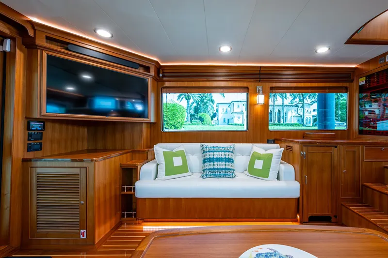 Cara Mia Yacht Photos Pics Luxurious interior of 2021 Marlow 53E Explorer yacht with elegant wood finish and modern amenities.