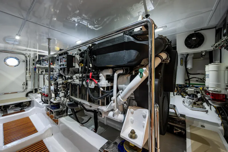 Cara Mia Yacht Photos Pics Engine room of 2021 Marlow 53E Explorer yacht, showcasing advanced machinery and equipment.