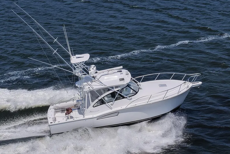Salty Bear Yacht Photos Pics 2022 Albemarle 360 Express Fisherman cruising on open water.