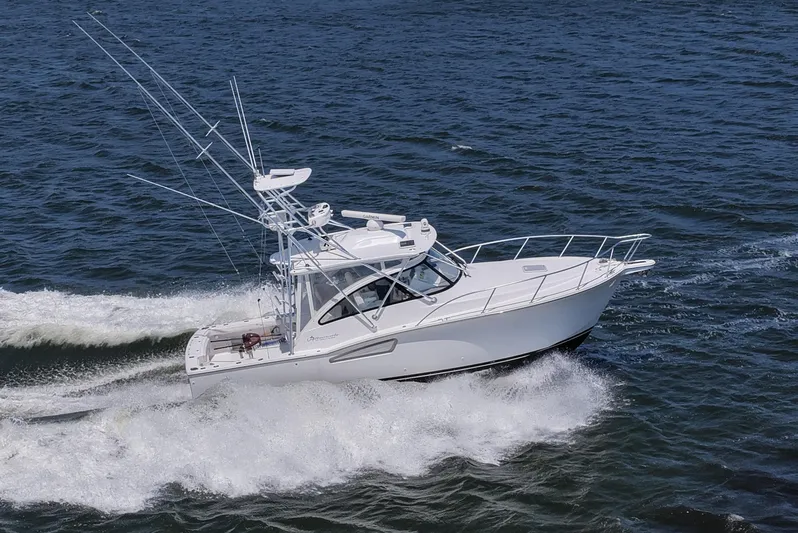 Salty Bear Yacht Photos Pics 2022 Albemarle 360 Express Fisherman cruising on open water.