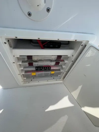 American Made Yacht Photos Pics Electrical panel inside a 2013 Jupiter 30 FS boat, featuring organized wiring and components.