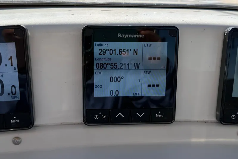 Sirius Yacht Photos Pics Raymarine navigation display showing coordinates on a 2011 Passport 470 Center Cockpit.