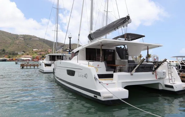 Wish You Were Here Yacht Photos Pics Fountaine Pajot Lucia 40 catamaran docked, 2020 model.