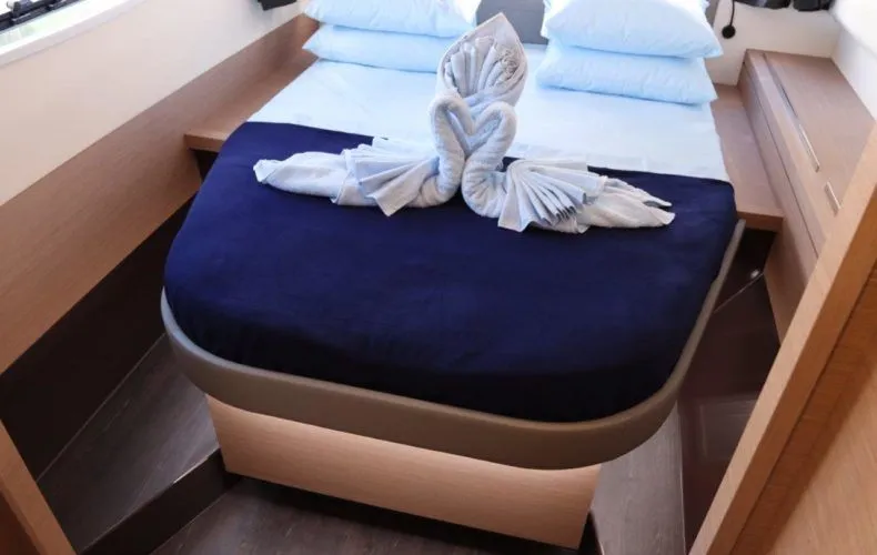 Wish You Were Here Yacht Photos Pics Luxurious cabin on 2020 Fountaine Pajot Lucia 40 with elegantly folded towels.