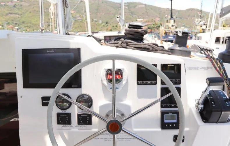 Wish You Were Here Yacht Photos Pics 2020 Fountaine Pajot Lucia 40 yacht helm with navigation controls.