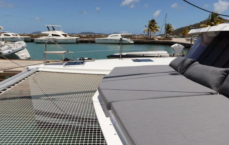 Wish You Were Here Yacht Photos Pics Fountaine Pajot Lucia 40 catamaran in harbor, year 2020.