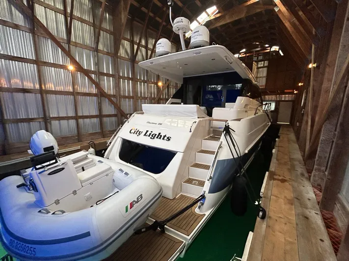 City Lights Yacht Photos Pics 2021 Maritimo X50 yacht "City Lights" docked indoors with inflatable boat.