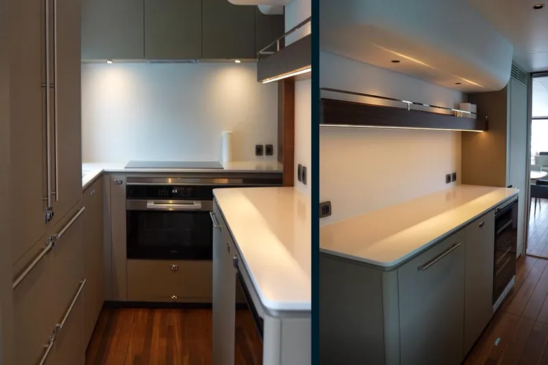  Yacht Photos Pics Modern kitchen interior on 2025 Princess Y95 yacht, featuring sleek cabinetry and integrated appliances.