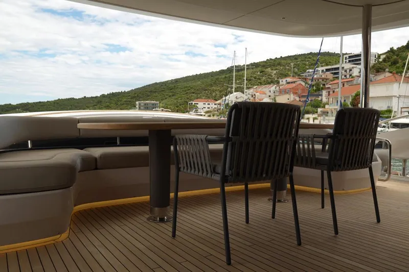  Yacht Photos Pics Luxury deck seating on 2025 Princess Y95 yacht with scenic harbor view.