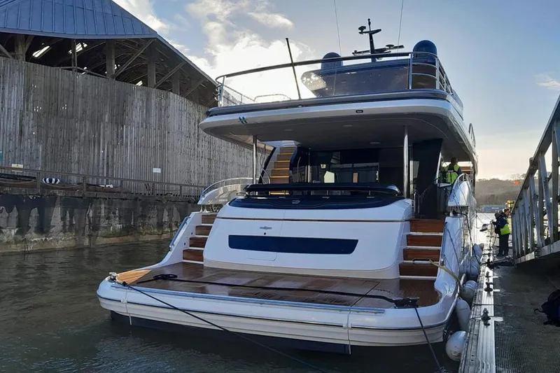  Yacht Photos Pics Luxury Princess Y95 yacht docked, showcasing sleek design and modern features, 2025 model.