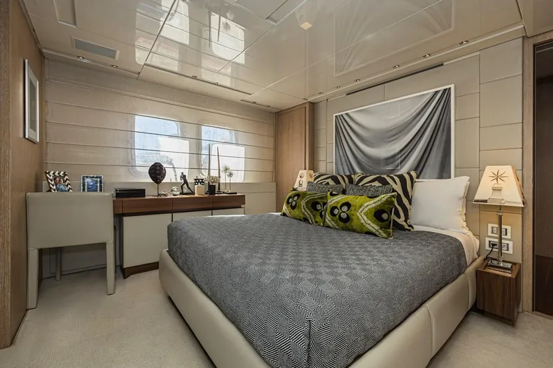 Percal Yacht Photos Pics Luxurious bedroom interior on 2014 Sanlorenzo SL104-586 yacht, featuring elegant decor and modern furnishings.