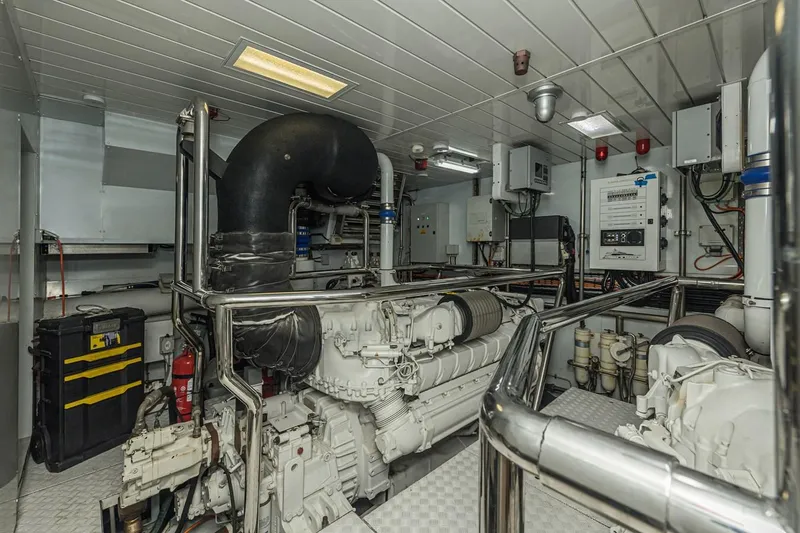 Percal Yacht Photos Pics Engine room of 2014 Sanlorenzo SL104-586 yacht, featuring advanced machinery and control systems.