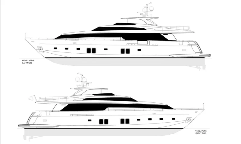 Percal Yacht Photos Pics Side profile drawings of a 2014 Sanlorenzo SL104-586 luxury yacht.