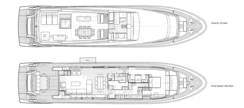 Percal Yacht Photos Pics Floor plan of 2014 Sanlorenzo SL104-586 yacht, showcasing upper and main deck layouts.