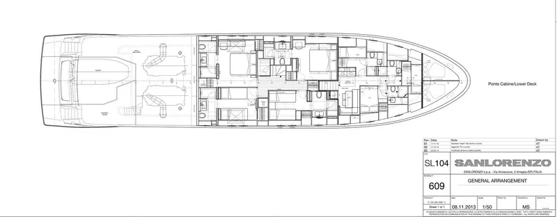Percal Yacht Photos Pics Blueprint of 2014 Sanlorenzo SL104-586 yacht, showcasing detailed lower deck layout.