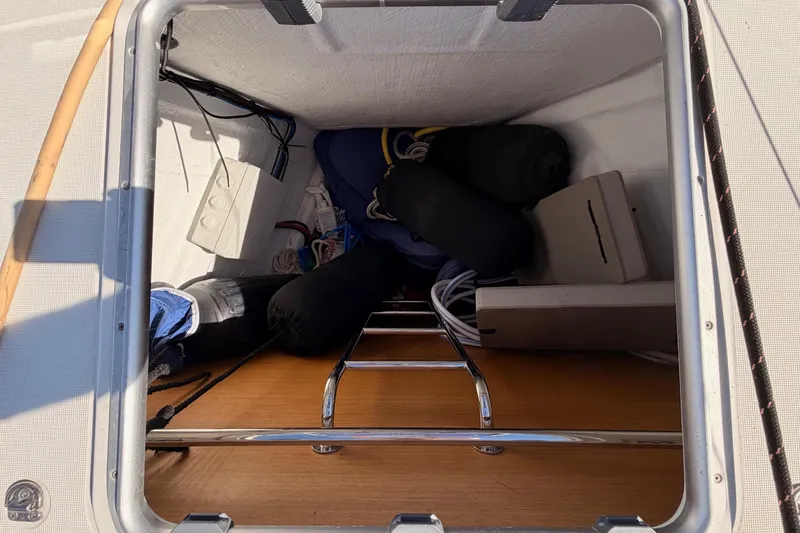 Leah Yacht Photos Pics Storage compartment in Jeanneau Sun Odyssey 469 sailboat, year 2014.