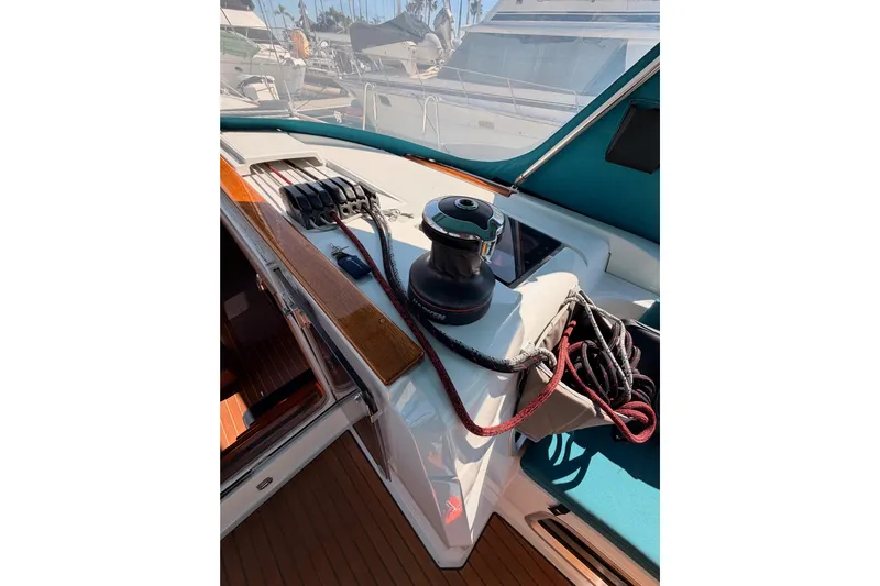 Leah Yacht Photos Pics 2014 Jeanneau Sun Odyssey 469 sailboat deck with winch and ropes.