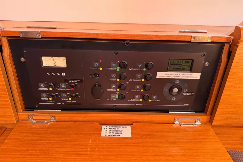 Leah Yacht Photos Pics Control panel of 2014 Jeanneau Sun Odyssey 469 sailboat, featuring various switches and gauges.