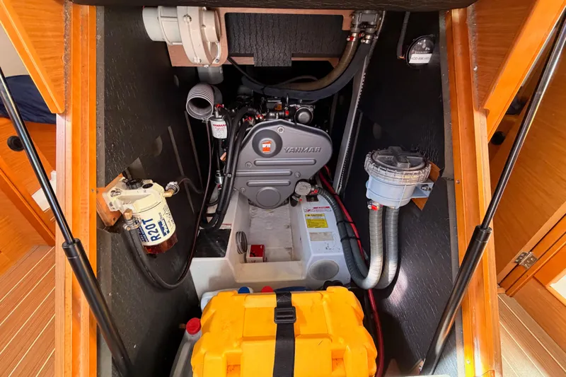 Leah Yacht Photos Pics Engine compartment of 2014 Jeanneau Sun Odyssey 469 sailboat, featuring Yanmar engine.