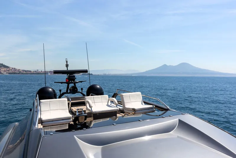 Mylo Yacht Photos Pics Luxury Pershing 74 yacht cruising with scenic ocean and mountain views, 2014 model.