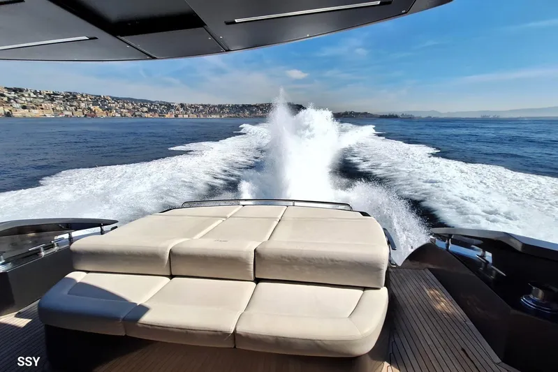 Mylo Yacht Photos Pics Luxury Pershing 74 yacht cruising on open sea, 2014 model.