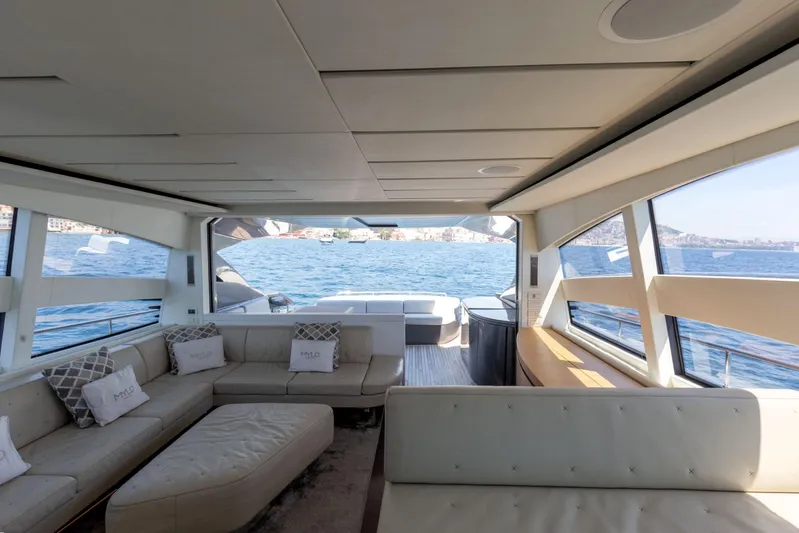 Mylo Yacht Photos Pics Luxurious interior of 2014 Pershing 74 yacht with panoramic sea views.
