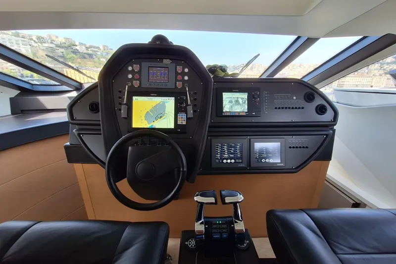 Mylo Yacht Photos Pics Cockpit of 2014 Pershing 74 yacht with advanced navigation and control systems.