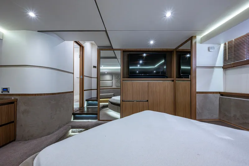  Yacht Photos Pics Luxurious interior of 2018 Sea Ray L550 Fly yacht with modern wood finishes.