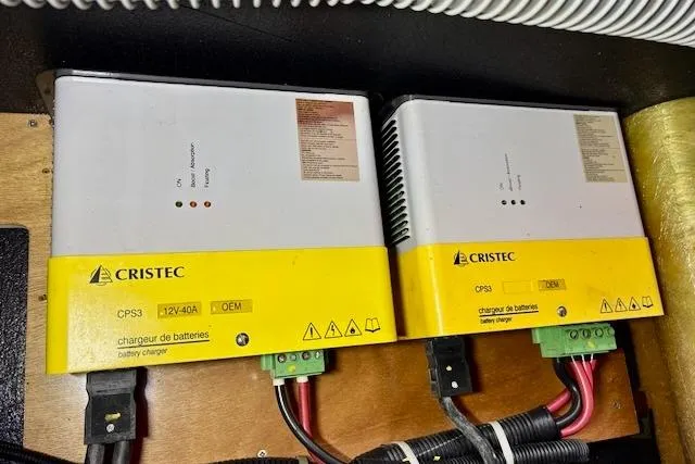 Audacity Yacht Photos Pics Battery chargers in a 2013 Lagoon 450 yacht, featuring Cristec CPS3 models.